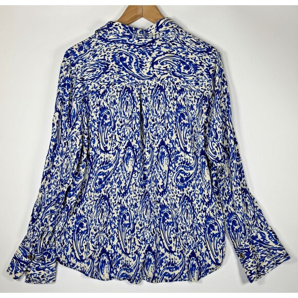 Magaschoni Blouse Womens XL Blue White Paisley Abstract Button Front Long Sleeve - Picture 4 of 12